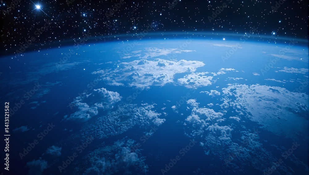 Fototapeta premium Explore the beauty of a distant Earth like planet from space Blue oceans white clouds and shimmering stars create a peaceful and serene scene