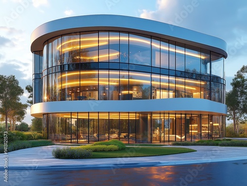 Modern Sleek Office Building with Glass Facade: Urban Landscape with Nature Integration and Illuminated Interior
