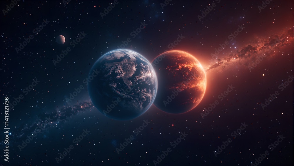 Obraz premium Explore the stunning twin planet system with contrasting icy blue and fiery red worlds in a cosmic dance among sparkling stars