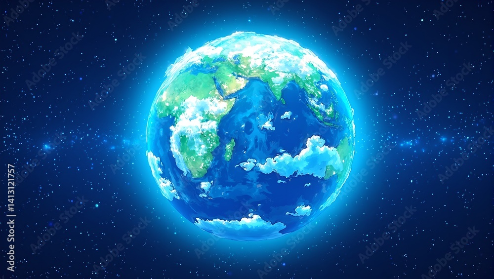 Obraz premium Explore an alien world with teal continents fluffy clouds and ice capped poles framed by shimmering stars Perfect for futuristic concepts