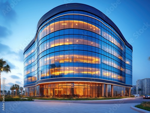 Modern Architecture Urban Skyline with Glass Facade Evening Light: Discover Premium Commercial Office in Business District - Sleek Lines & Sustainable Design