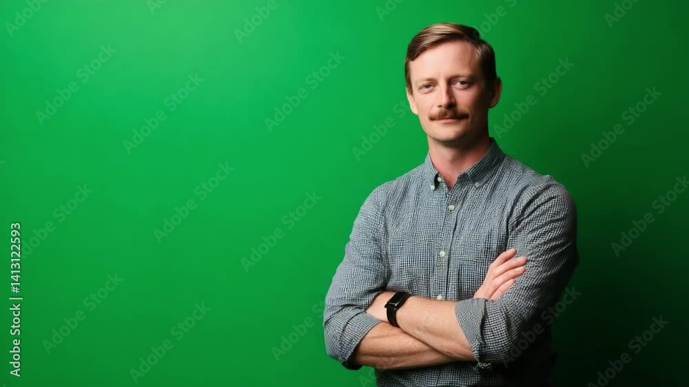 Confident and Composed: A poised individual, arms crossed confidently, gazes at the viewer with an air of serenity, illuminated by a vibrant, seamless emerald backdrop. Confident and Composed: A poised individual, arms crossed confidently, gazes at the viewer with an air of serenity, illuminated by a vibrant, seamless emerald backdrop.