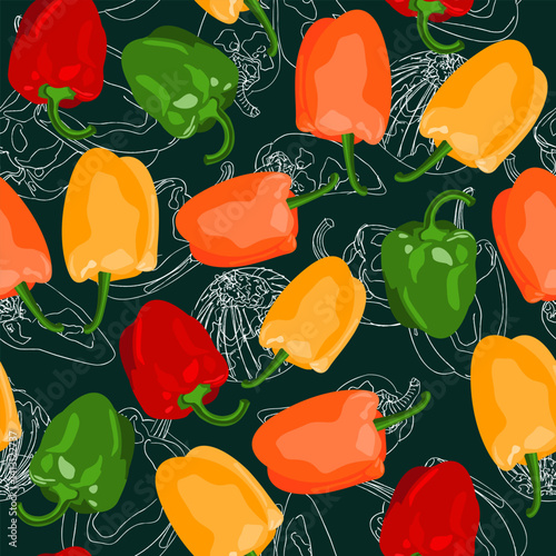 Sweet green,red,orange and yellow bell peppers seamless pattern with dark green background. Vector food illustration.