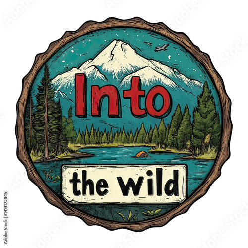 Camping Adventure Emblem with Nature Icons – Vintage Wilderness Badge Featuring Hiking, Survival Elements, Mountains, Trees, and Outdoor Gear Design for Scouts and Explorers
