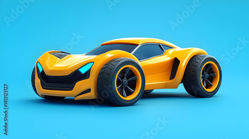 Sporty Yellow Car in Dynamic Angle with Black Accent Tires on Blue Background