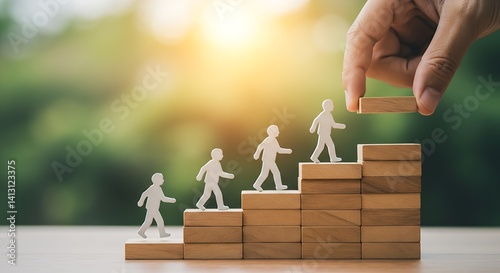 The image depicts progress and leadership through small figures climbing steps made of blocks, with a large hand contributing to their journey.The image depicts progress and leadership through small f