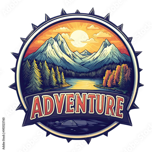Camping Adventure Emblem with Nature Icons – Vintage Wilderness Badge Featuring Hiking, Survival Elements, Mountains, Trees, and Outdoor Gear Design for Scouts and Explorers