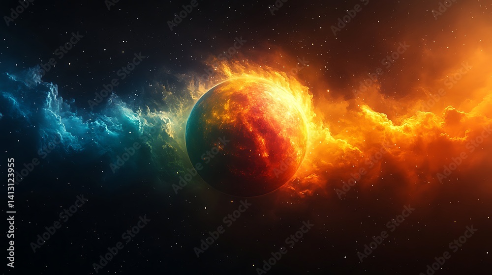 Naklejka premium Fiery celestial sphere amidst cosmic nebulae.