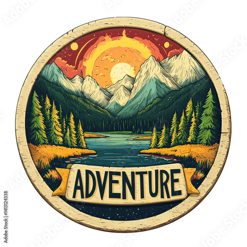 Camping Adventure Emblem with Nature Icons – Vintage Wilderness Badge Featuring Hiking, Survival Elements, Mountains, Trees, and Outdoor Gear Design for Scouts and Explorers