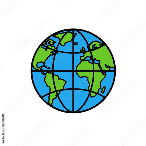 Detailed globe illustration depicting continents and oceans in flat design