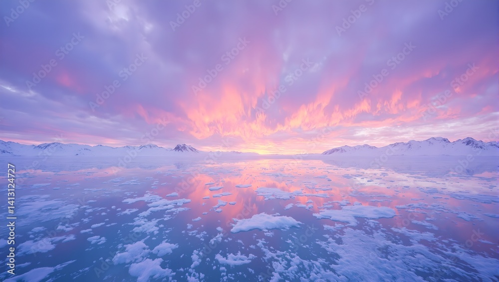 Experience the serenity of a polar twilight reflected on a frozen lake capturing vibrant hues of purple orange and pink with snowy peaks in the backdrop Experience the serenity of a polar twilight reflected on a frozen lake capturing vibrant hues of purple orange and pink with snowy peaks in the backdrop