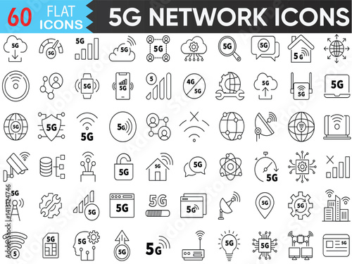 5G Network Line Icons – Signal Strength, Wi-Fi, Data Upload, No Connection. Vector Outline Web Icons for Illustrator.