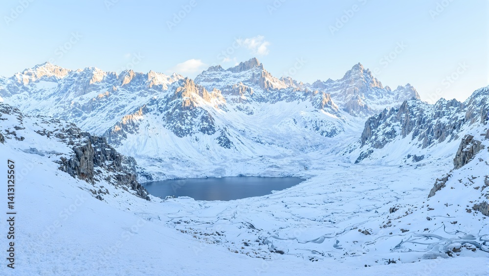 Obraz premium A stunning isolated snow covered mountain range with a frozen lake reflecting the towering peaks under a clear sky