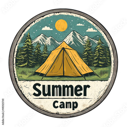 Camping Adventure Emblem with Nature Icons – Vintage Wilderness Badge Featuring Hiking, Survival Elements, Mountains, Trees, and Outdoor Gear Design for Scouts and Explorers