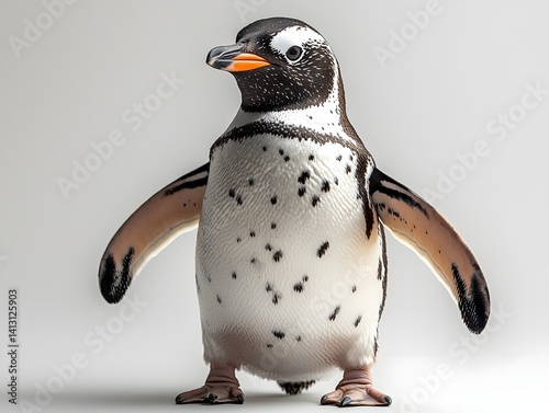 Portly penguin standing upright under studio lights