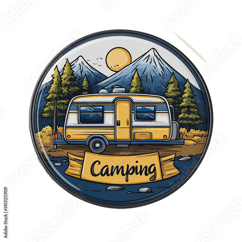 Camping Adventure Emblem with Nature Icons – Vintage Wilderness Badge Featuring Hiking, Survival Elements, Mountains, Trees, and Outdoor Gear Design for Scouts and Explorers