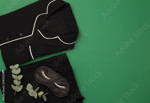 Black trendy pajamas, sleeping mask and accessories on color background, top view