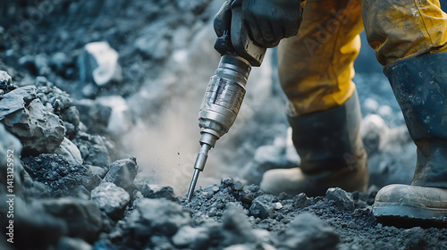 Mining worker drilling into rock with a pneumatic drill at a mining site. Featuring drilling and ore extraction