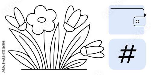 Abstract illustration of blooming flowers, a closed wallet, and a metadata tag symbol. Ideal for finance, online trends, nature, technology, savings, social media and simple landing page