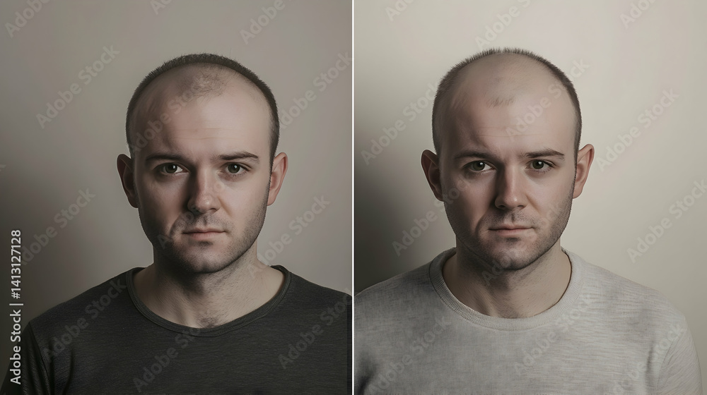 Fototapeta premium A young man, fair-skinned, with short hair in two different outfits, poses for a portrait against a neutral background.