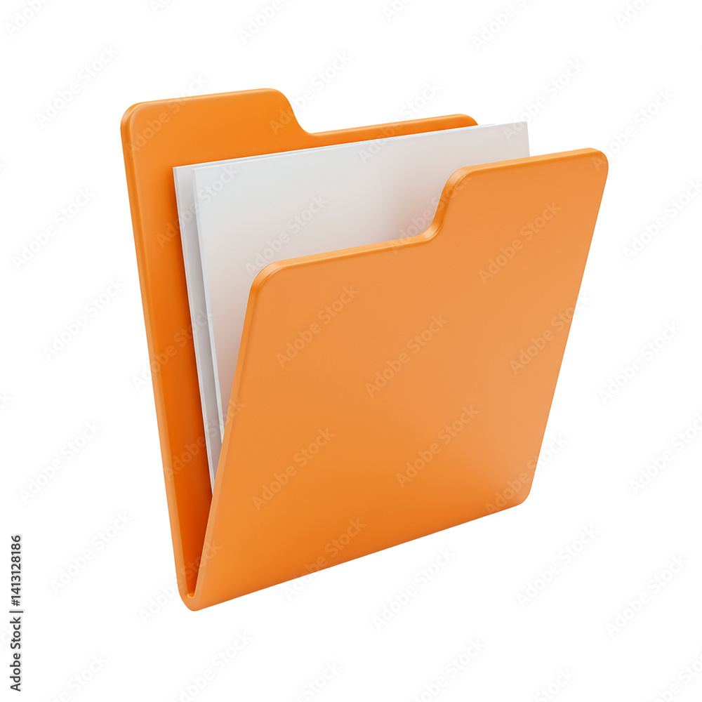 Orange folder isolated on white background. Paper document symbol. Cartoon plastic style icon Orange folder isolated on white background. Paper document symbol. Cartoon plastic style icon