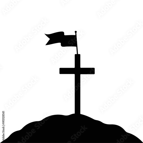 Silhouette of grave with flag on white background, memory and tribute