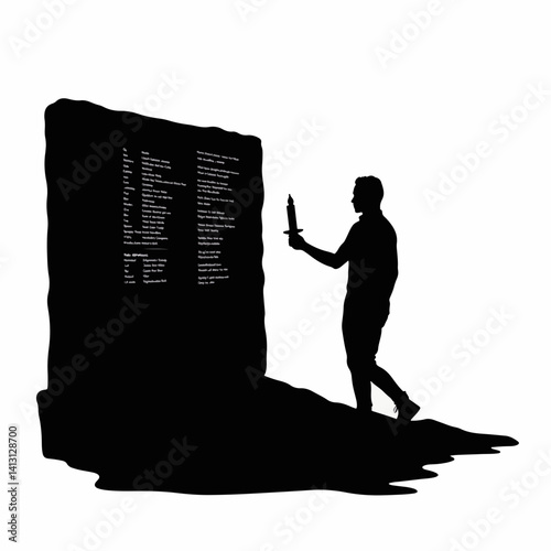 Silhouette of person holding candle at memorial wall, remembrance
