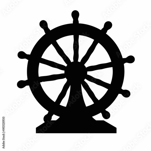 Dharma wheel silhouette on white background, spiritual symbolism