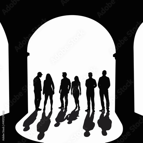 Silhouettes of people interacting in an art gallery, cultural exploration