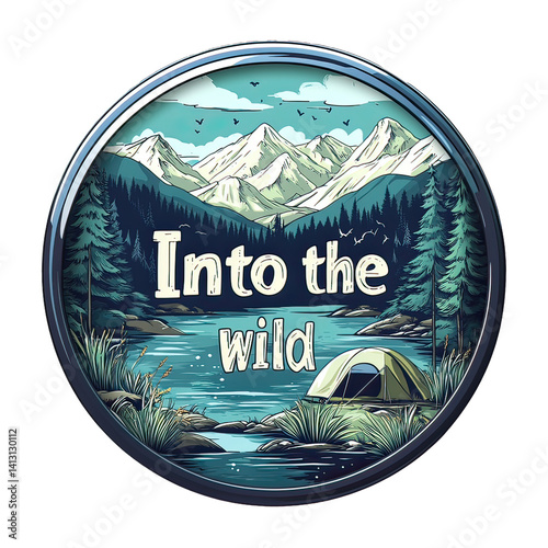 Camping Adventure Emblem with Nature Icons – Vintage Wilderness Badge Featuring Hiking, Survival Elements, Mountains, Trees, and Outdoor Gear Design for Scouts and Explorers
