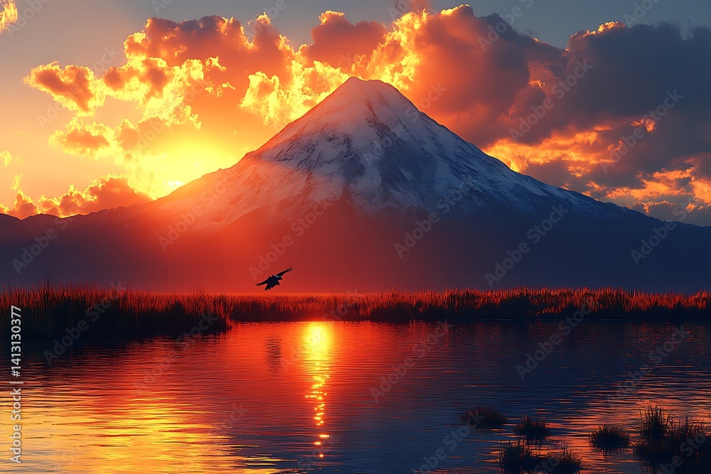 Fototapeta premium Majestic volcano summit bathed in fiery sunset hues.