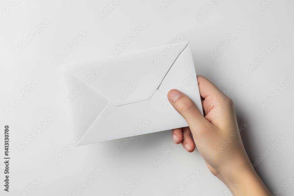 A hand holding a white envelope against a plain white background in a top down studio shot A hand holding a white envelope against a plain white background in a top down studio shot