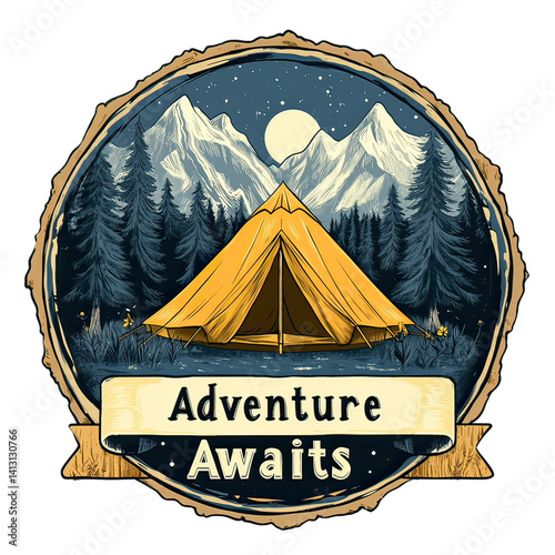 Camping Adventure Emblem with Nature Icons – Vintage Wilderness Badge Featuring Hiking, Survival Elements, Mountains, Trees, and Outdoor Gear Design for Scouts and Explorers