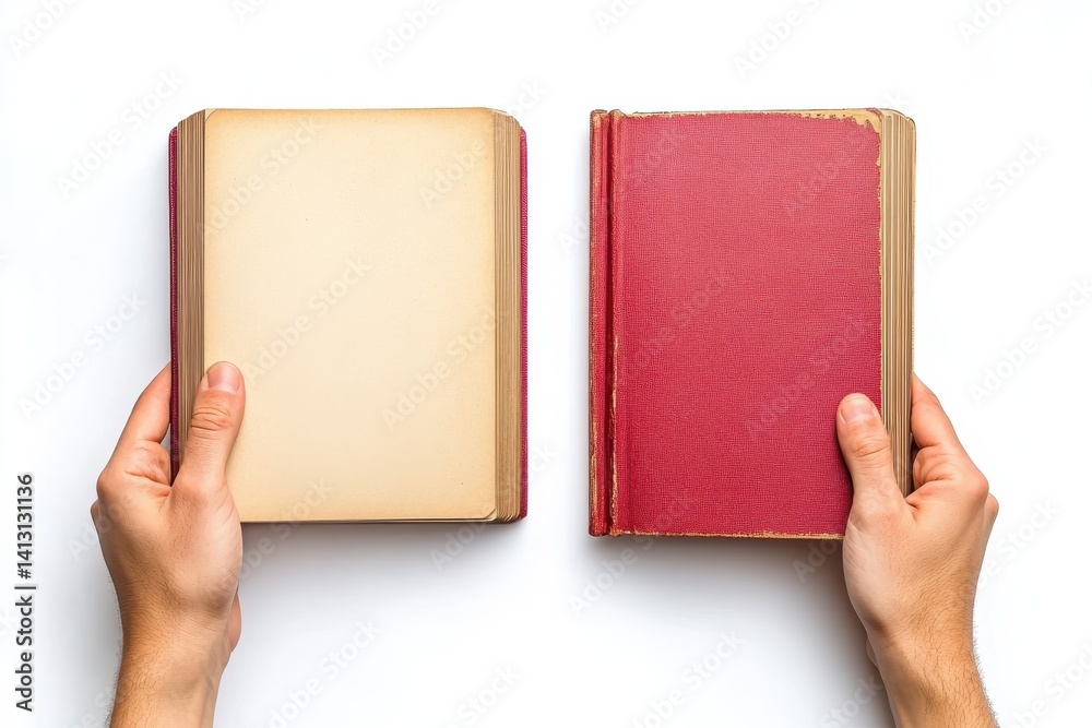 Obraz premium Two hands holding open books with aged pages one red and one with blank pages on white background