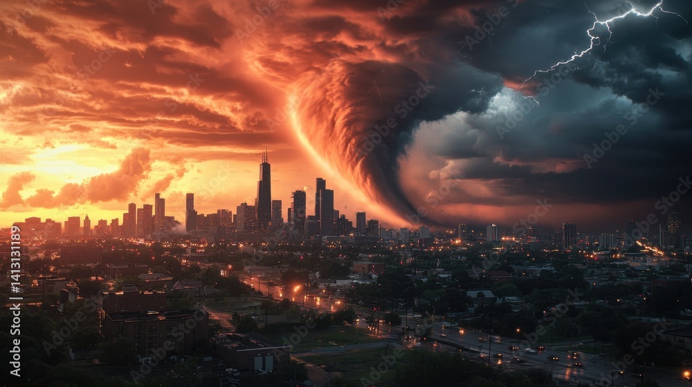 A city is shown with a large, orange, swirling cloud of smoke and fire A city is shown with a large, orange, swirling cloud of smoke and fire