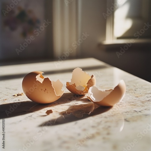 photograph of a broken eggshell in three pieces on a sunlit countertop, with a bright room background.