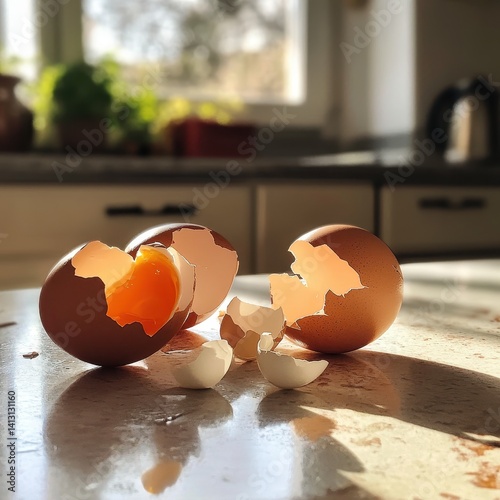 dark brown egg with visible yolk on a sunlit kitchen countertop, with a bright kitchen background.