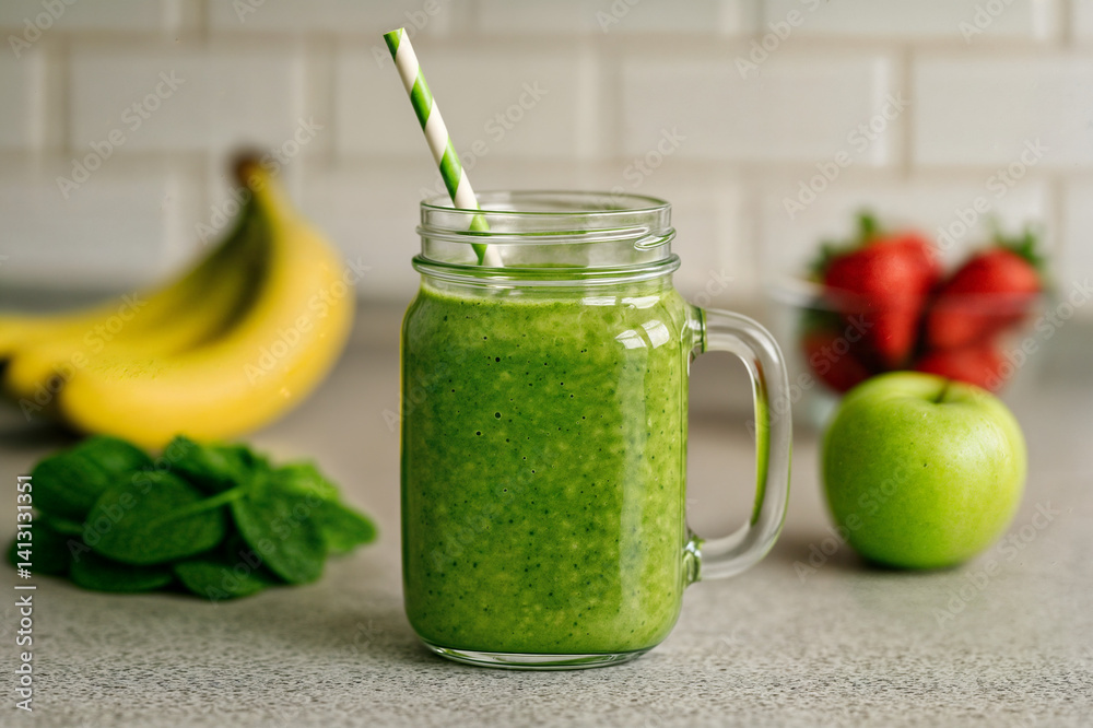 A green smoothie in a glass jar with a handle and a green and white straw is placed on a countertop