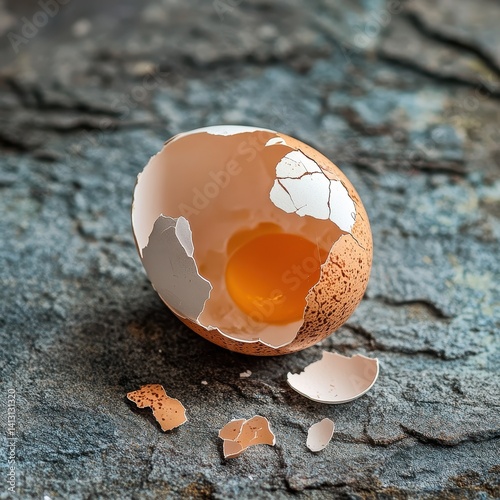 Cracked eggshell with vibrant yolk exposed, resting on a rough, textured stone surface, conveying fragility and the emergence of life in a natural setting.