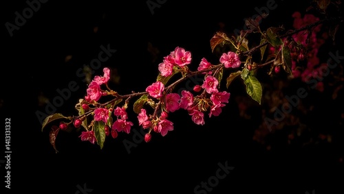 Vibrant redbud tree branch with heart shaped leaves and pink blossoms against a dark backdrop exuding energy and contrast