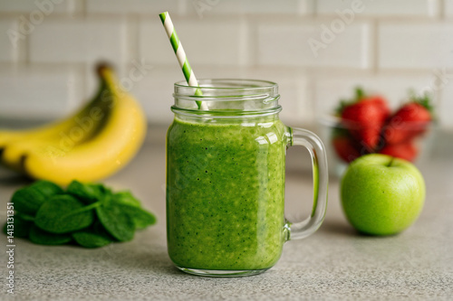 Obraz na płótnie A green smoothie in a glass jar with a handle and a green and white straw is placed on a countertop w salonie