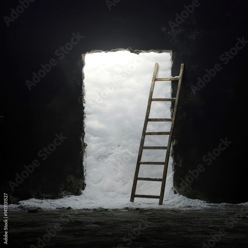 A rustic wooden ladder leaning against a bright, textured opening in a dark, cavernous space, suggesting a passage to a new realm or the pursuit of light amidst obscurity.