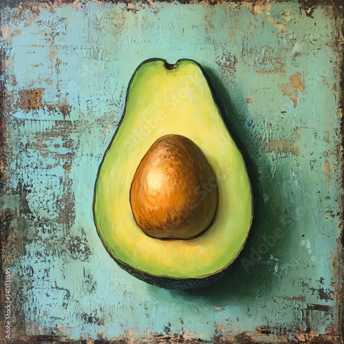 Rustic Artistic Depiction of a Halved Avocado on Textured Green Background