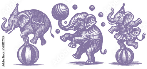 Woodcut/linocut style vector illustration set. Three charming circus elephants performing tricks: balancing on striped balls, juggling, wearing party hats and tutu.