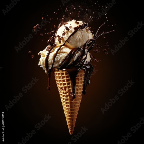 Exploding ice cream cone with vanilla scoops, dark chocolate drizzle, and chocolate shavings against a deep brown background, capturing a moment of indulgent delight.