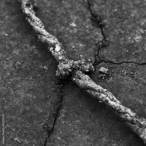 A frayed, knotted rope lying diagonally across a cracked, rough stone surface in a monochrome composition, emphasizing texture and the passage of time.