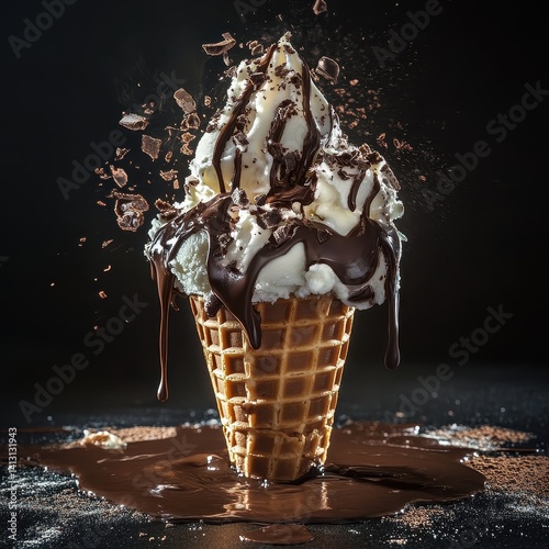 Broken waffle cone, ice cream melting, chocolate drip, dramatic lighting
