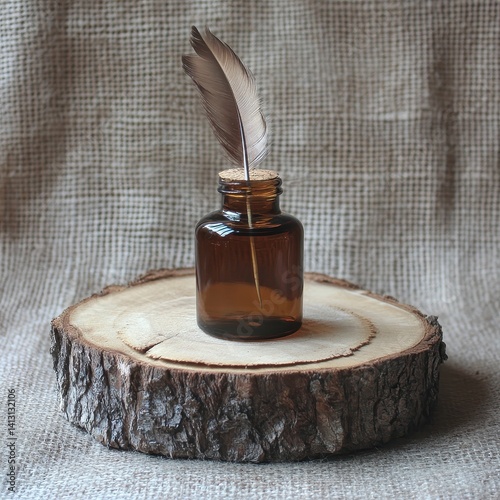brown ink bottle feather quill wood slice rustic style 