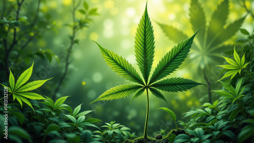 A close-up of a vibrant green marijuana leaf with Tetrahydrocannabinolic acid (THCA) crystals, set against a blurred background of nature. photo
