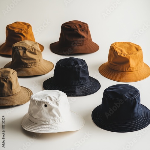 A collection of various colored bucket hats arranged on a white surface, showcasing different styles and hues in a studio setting.